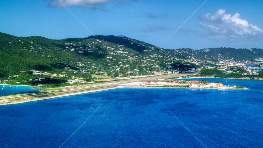 Cyril E King Airport and hillside homes on the coast, St. Thomas, US Virgin Islands Aerial Stock Photo AX102_195.0000000F | Axiom Images