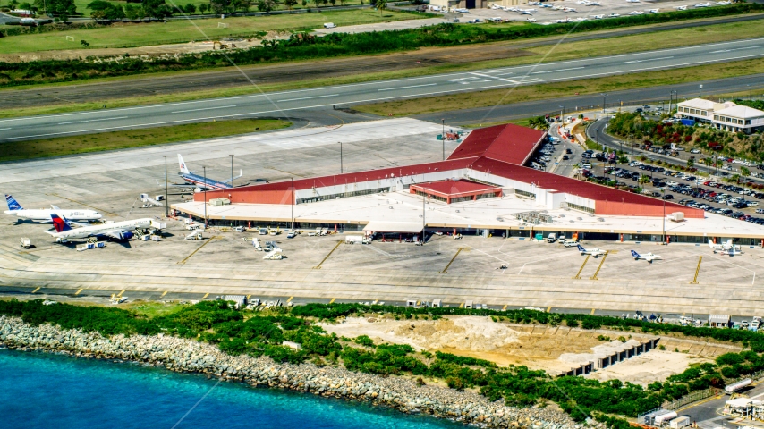 The main airport terminal at Cyril E King Airport, St. Thomas, US Virgin Islands Aerial Stock Photo AX102_197.0000000F | Axiom Images