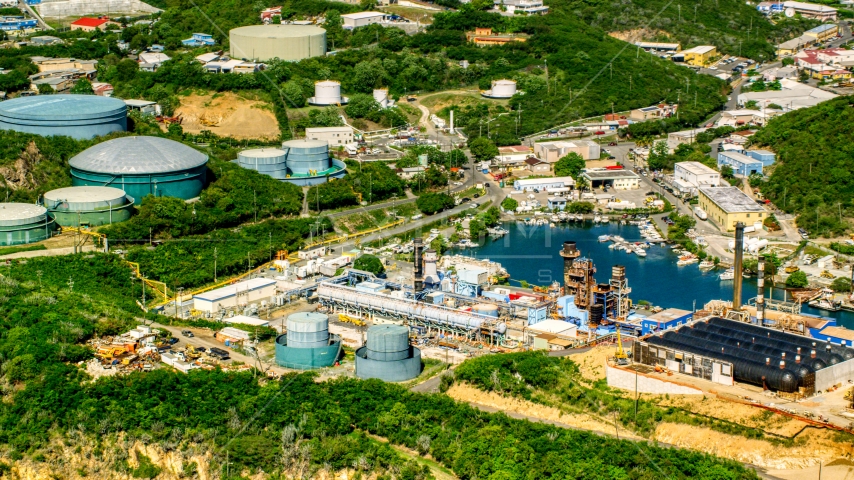 Waterfront desalinization plant in Charlotte Amalie, St. Thomas, US Virgin Islands  Aerial Stock Photo AX102_198.0000000F | Axiom Images