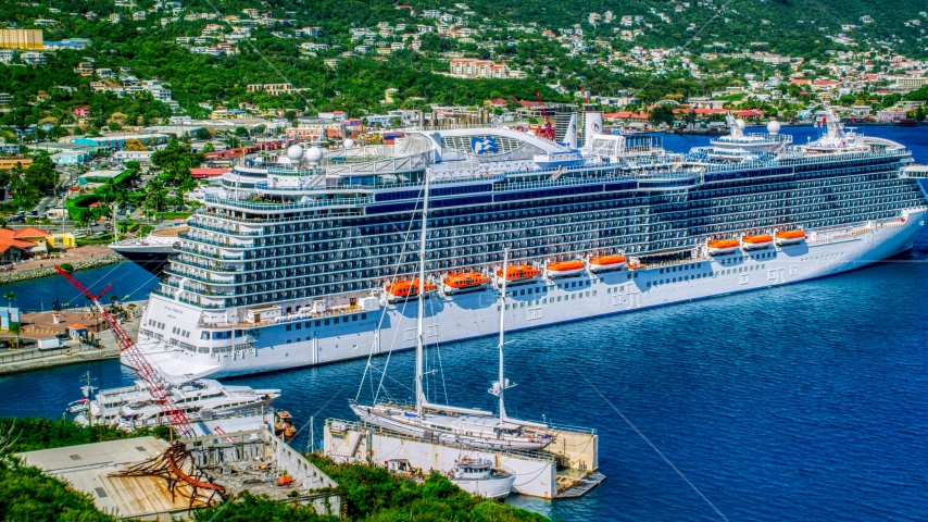 Cruise ship docked in Charlotte Amalie, St. Thomas, US Virgin Islands Aerial Stock Photo AX102_202.0000435F | Axiom Images