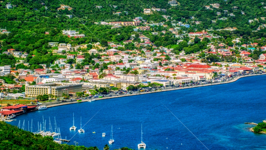 The seaside Caribbean island town of Charlotte Amalie, St. Thomas, US Virgin Islands  Aerial Stock Photo AX102_205.0000000F | Axiom Images