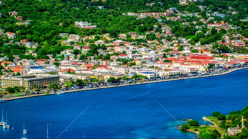 The Caribbean island town of Charlotte Amalie, St. Thomas  Aerial Stock Photo AX102_205.0000209F | Axiom Images
