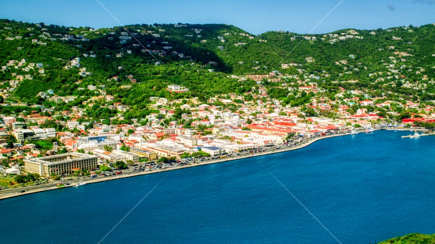 Caribbean town and hillsides by sapphire waters, Charlotte Amalie, St. Thomas Aerial Stock Photo AX102_207.0000000F | Axiom Images