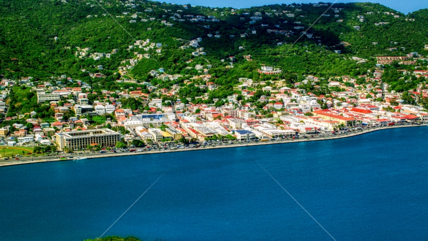 Coastal island town beside the harbor, Charlotte Amalie, St. Thomas, US Virgin Islands Aerial Stock Photo AX102_207.0000263F | Axiom Images