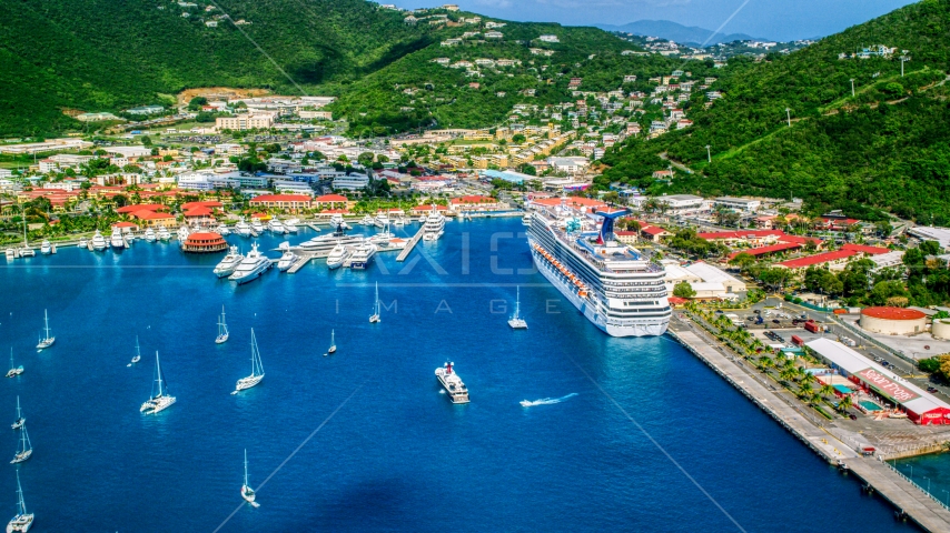 Cruise ship and yachts docked at the coastal town of Charlotte Amalie, St. Thomas, US Virgin Islands Aerial Stock Photo AX102_209.0000086F | Axiom Images