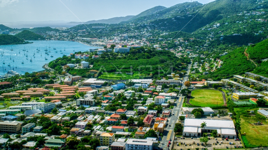 View across the Caribbean island town of Charlotte Amalie, St. Thomas  Aerial Stock Photo AX102_213.0000000F | Axiom Images