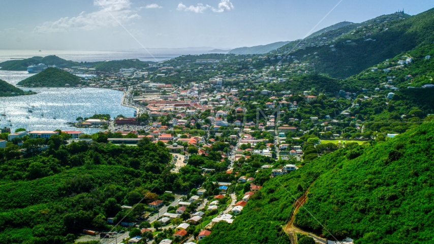 Coastal town seen from the hills in Charlotte Amalie, St. Thomas, US Virgin Islands Aerial Stock Photo AX102_214.0000000F | Axiom Images