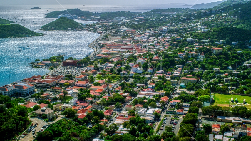 View of the harbor and the Caribbean island town of Charlotte Amalie, St. Thomas, US Virgin Islands Aerial Stock Photo AX102_215.0000000F | Axiom Images