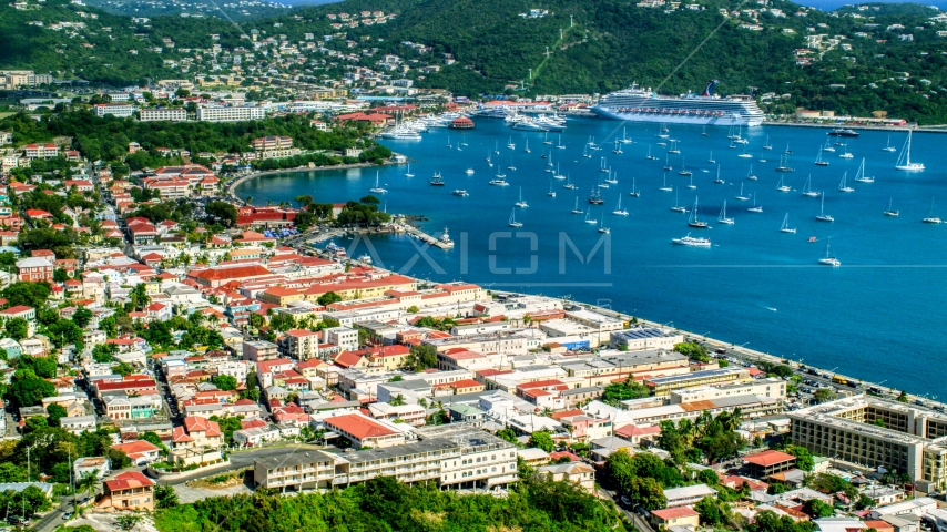 Sailboats in the harbor beside the Caribbean island town of Charlotte Amalie, St Thomas  Aerial Stock Photo AX102_220.0000000F | Axiom Images