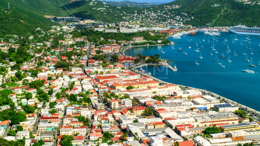 The seaside island town of Charlotte Amalie, St Thomas, US Virgin Islands Aerial Stock Photo AX102_221.0000025F | Axiom Images