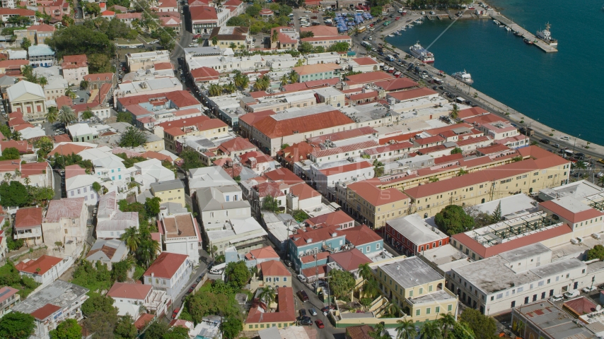 Island town buildings by the harbor in Charlotte Amalie, St Thomas, the US Virgin Islands Aerial Stock Photo AX102_223.0000000F | Axiom Images
