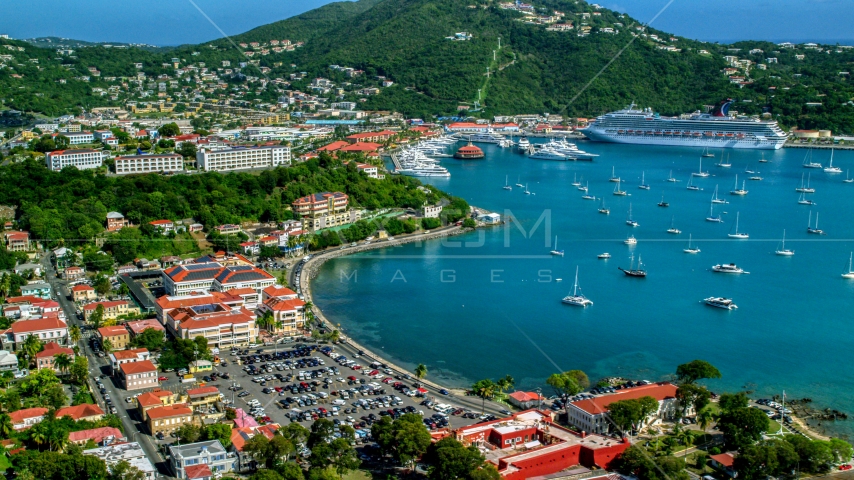 Sailboats and cruise ship in the harbor beside a Caribbean island town, Charlotte Amalie, St Thomas  Aerial Stock Photo AX102_224.0000000F | Axiom Images