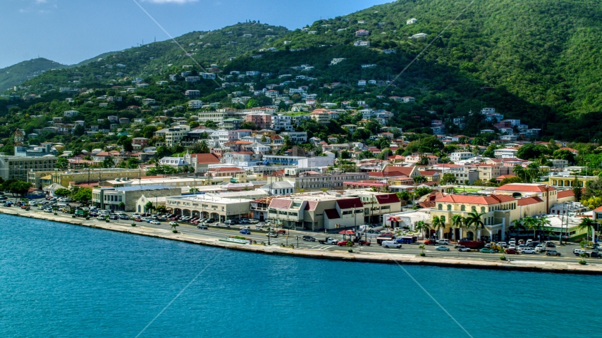Island town and hills near the shore in Charlotte Amalie, St Thomas  Aerial Stock Photo AX102_226.0000178F | Axiom Images