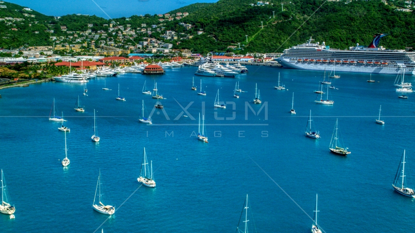 Sailboats and cruise ship in sapphire blue waters of the harbor in Charlotte Amalie, St Thomas Aerial Stock Photo AX102_230.0000000F | Axiom Images