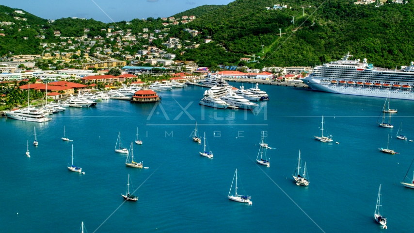 Sailboats, yachts, and a cruise ship in sapphire blue waters of the harbor, Charlotte Amalie, St Thomas Aerial Stock Photo AX102_230.0000193F | Axiom Images