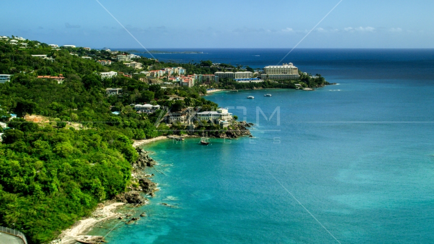 Marriott's Frenchman's Cove at the end of an island peninsula in St Thomas, US Virgin Islands  Aerial Stock Photo AX102_231.0000000F | Axiom Images