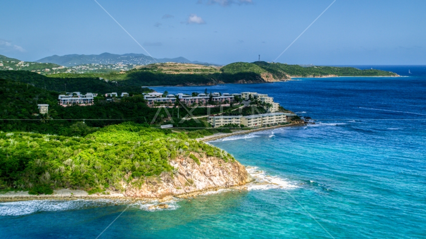 Oceanfront condominiums overlooking sapphire blue waters, Southside, St Thomas  Aerial Stock Photo AX102_236.0000000F | Axiom Images