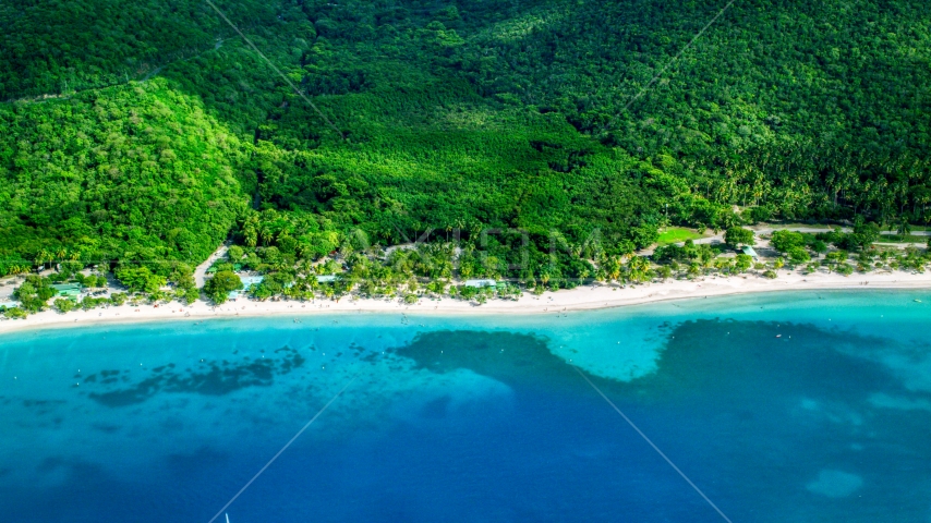 White sand Caribbean beach and turquoise blue waters, Magens Bay, St Thomas Aerial Stock Photo AX102_269.0000000F | Axiom Images