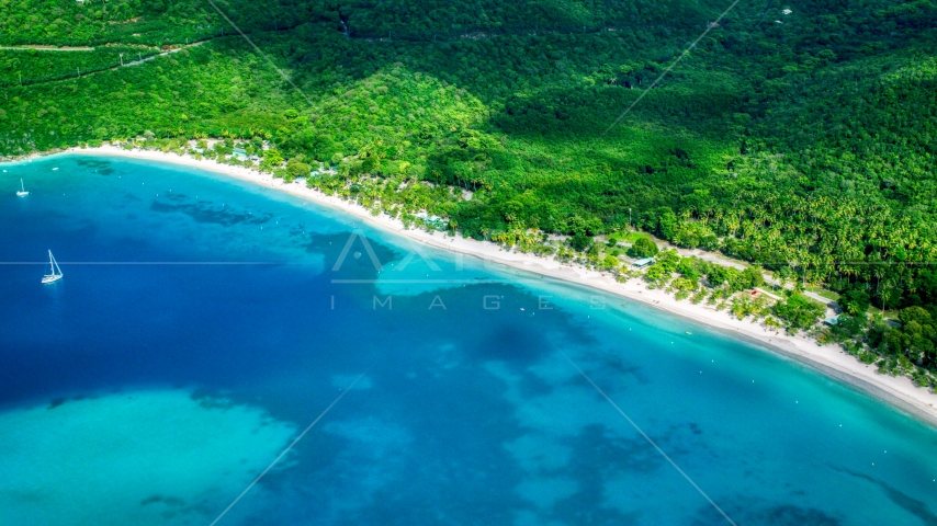 White sand Caribbean island beach and turquoise blue waters, Magens Bay, St Thomas  Aerial Stock Photo AX102_270.0000000F | Axiom Images