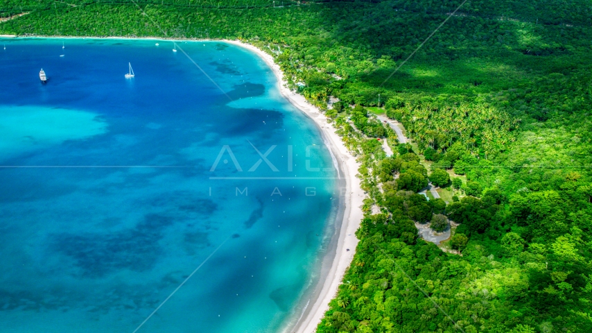 White sand Caribbean island beach and turquoise blue waters, Magens Bay, St Thomas  Aerial Stock Photo AX102_271.0000000F | Axiom Images