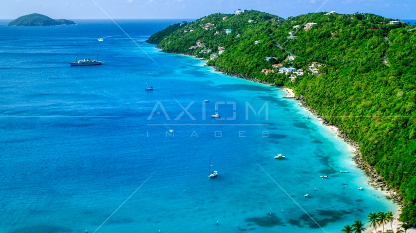 Sailboats in turquoise Caribbean waters and oceanfront island homes, Magens Bay, St Thomas  Aerial Stock Photo AX102_273.0000182F | Axiom Images