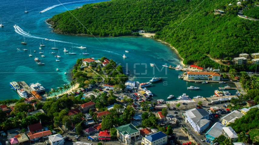 Harbor with boats in turquoise blue Caribbean waters, Cruz Bay, St John Aerial Stock Photo AX103_021.0000197F | Axiom Images