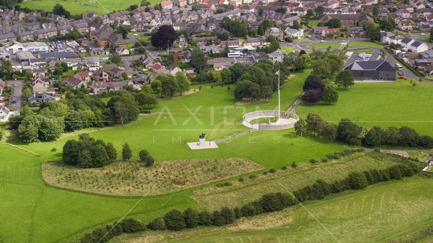 The iconic Robert the Bruce statue, Stirling, Scotland Aerial Stock Photo AX109_014.0000160F | Axiom Images