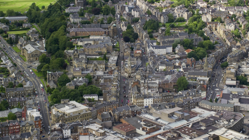 Streets and apartment buildings in Stirling, Scotland Aerial Stock Photo AX109_030.0000185F | Axiom Images