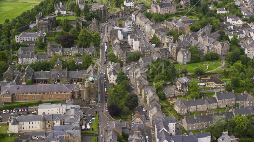 Residential buildings along King Street in Stirling, Scotland Aerial Stock Photo AX109_033.0000000F | Axiom Images