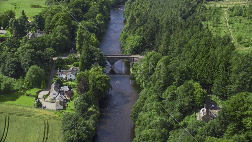 A bridge over River Teith among tree, Doune, Scotland Aerial Stock Photo AX109_078.0000037F | Axiom Images