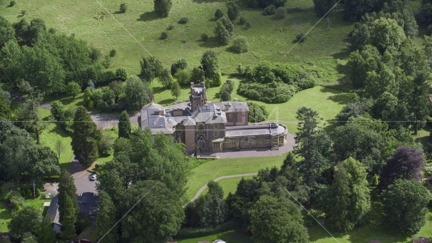 Manor Hall Center for Trauma hospital in Doune, Scotland Aerial Stock Photo AX109_081.0000000F | Axiom Images