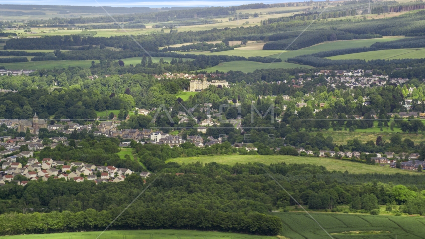 A small town surrounded by green countryside, Dunblane Scotland Aerial Stock Photo AX109_092.0000000F | Axiom Images