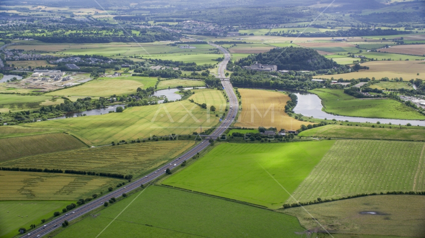 The M9 highway and farmland, Stirling, Scotland Aerial Stock Photo AX109_095.0000000F | Axiom Images