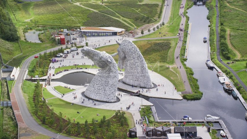 The iconic Kelpies sculptures, Falkirk, Scotland Aerial Stock Photo AX109_124.0000049F | Axiom Images