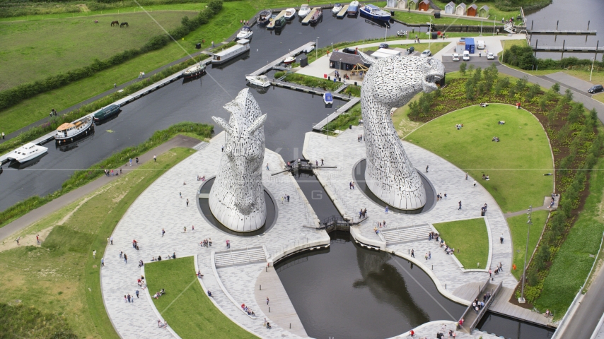 The front of The Kelpies sculptures, Falkirk, Scotland Aerial Stock Photo AX109_130.0000169F | Axiom Images