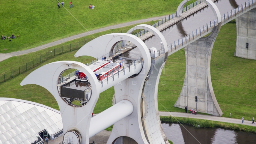 Ferries on the Falkirk Wheel boat lift in Scotland Aerial Stock Photo AX109_142.0000025F | Axiom Images