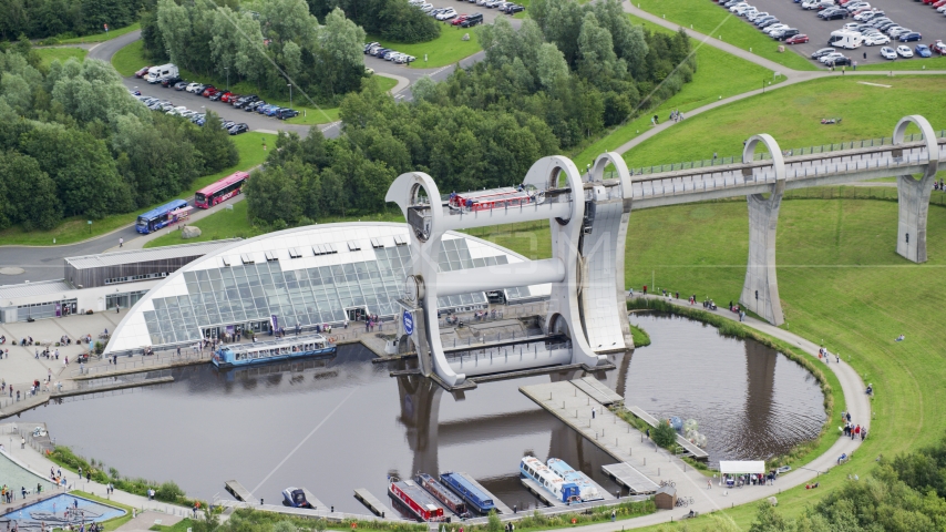 Ferries on the Falkirk Wheel boat lift, Scotland Aerial Stock Photo AX109_144.0000000F | Axiom Images