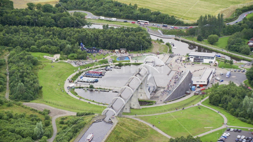 The iconic Falkirk Wheel boat lift, Scotland Aerial Stock Photo AX109_162.0000089F | Axiom Images