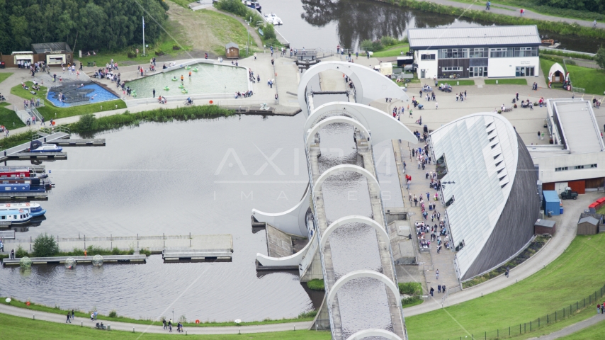 The iconic Falkirk Wheel boat lift in Scotland Aerial Stock Photo AX109_163.0000000F | Axiom Images
