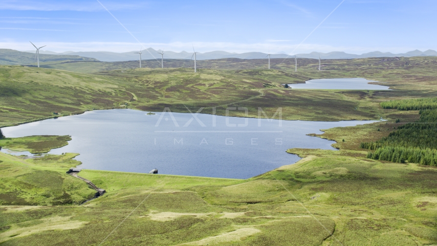 The Earlsburn Reservoirs and windmills, Scotland Aerial Stock Photo AX110_018.0000055F | Axiom Images