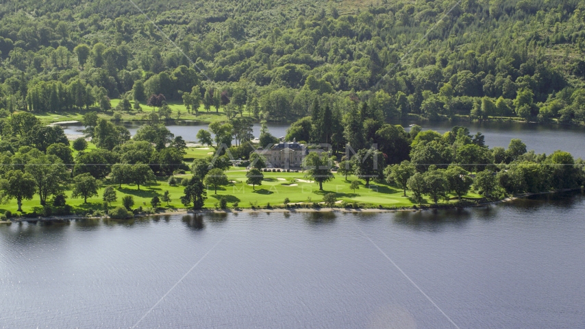 Rossdhu Mansion at Loch Lomond Golf Course, Luss, Scottish Highlands, Scotland Aerial Stock Photo AX110_113.0000154F | Axiom Images