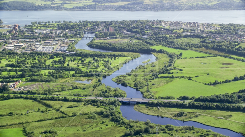 River Leven and waterfront town, Dumbarton, Scotland Aerial Stock Photo AX110_137.0000099F | Axiom Images