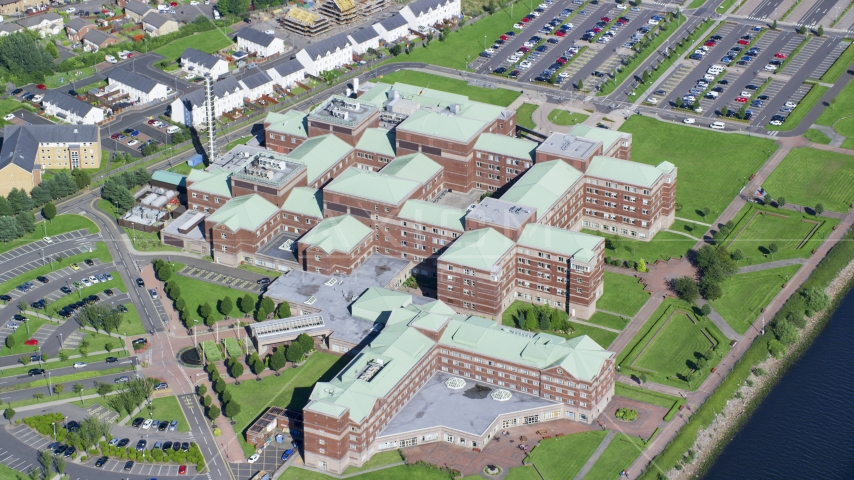Golden Jubilee Hospital, Glasgow, Scotland Aerial Stock Photo AX110_147.0000098F | Axiom Images