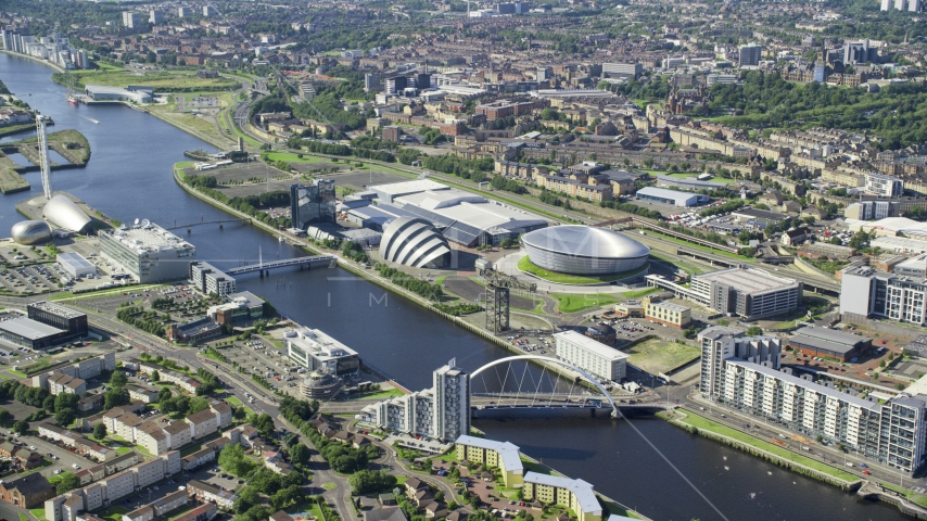 Scotland's National Arena and Clyde Auditorium beside River Clyde, Glasgow, Scotland Aerial Stock Photo AX110_170.0000185F | Axiom Images