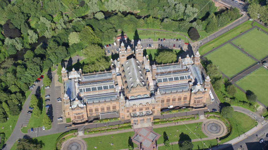 A bird's eye view of Kelvingrove Art Gallery and Museum, Glasgow, Scotland Aerial Stock Photo AX110_178.0000224F | Axiom Images