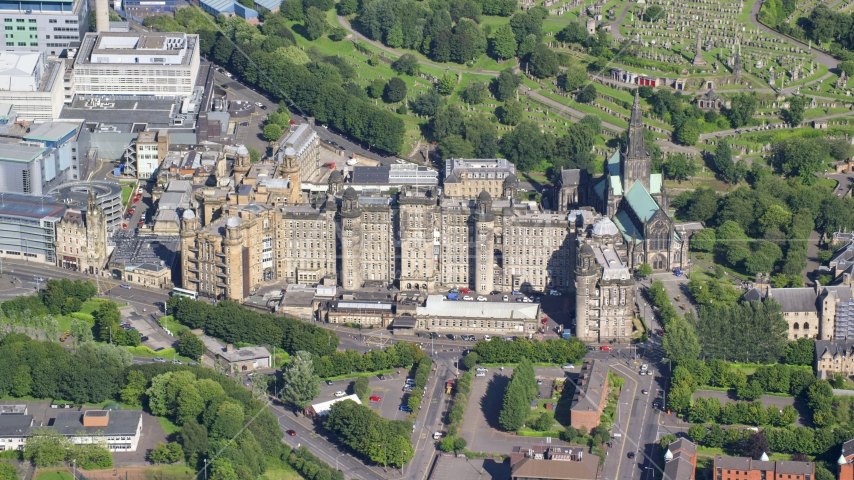 A view of the Glasgow Royal Infirmary hospital in Scotland Aerial Stock Photo AX110_184.0000000F | Axiom Images