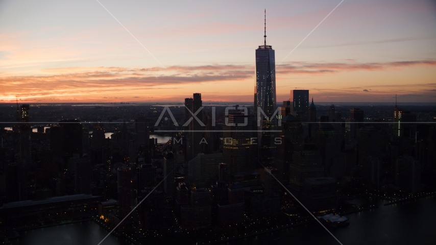 The World Trade Center at sunrise in Lower Manhattan, New York City Aerial Stock Photo AX118_016.0000119F | Axiom Images