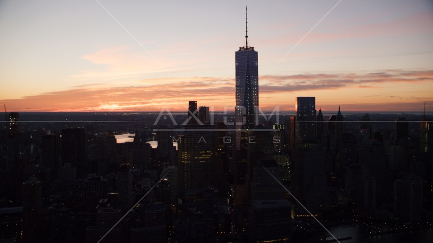 One World Trade Center at sunrise in Lower Manhattan, New York City Aerial Stock Photo AX118_017.0000077F | Axiom Images
