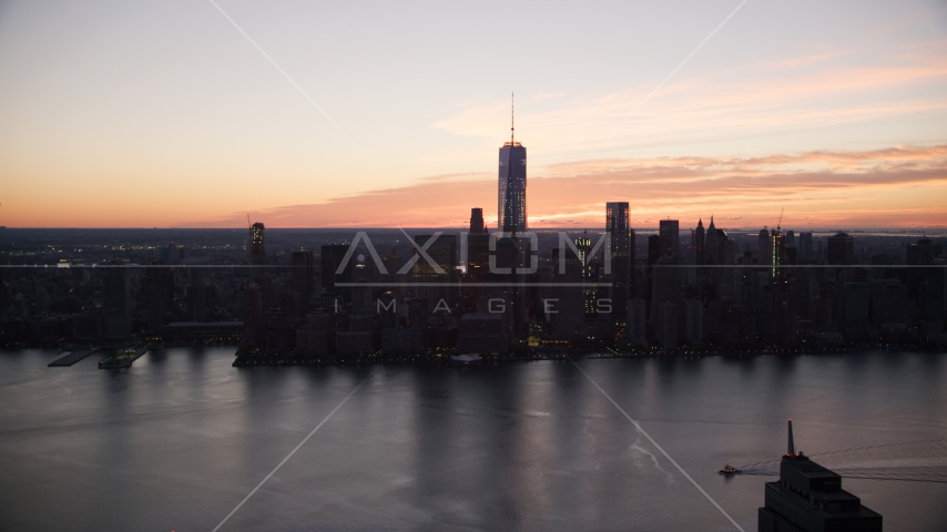 World Trade Center skyline at sunrise in Lower Manhattan, New York City Aerial Stock Photo AX118_024.0000127F | Axiom Images
