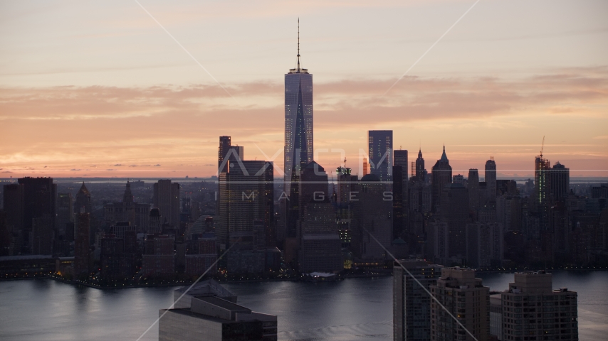 World Trade Center Skyline at sunrise in Lower Manhattan, New York City Aerial Stock Photo AX118_030.0000235F | Axiom Images